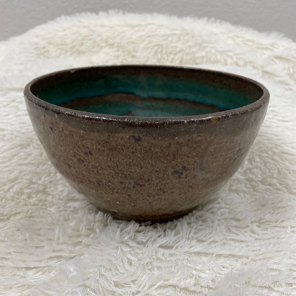 Signed Art Pottery Bowl Cereal Berry Salad Blue Brown Handmade Hand Thrown 5"
